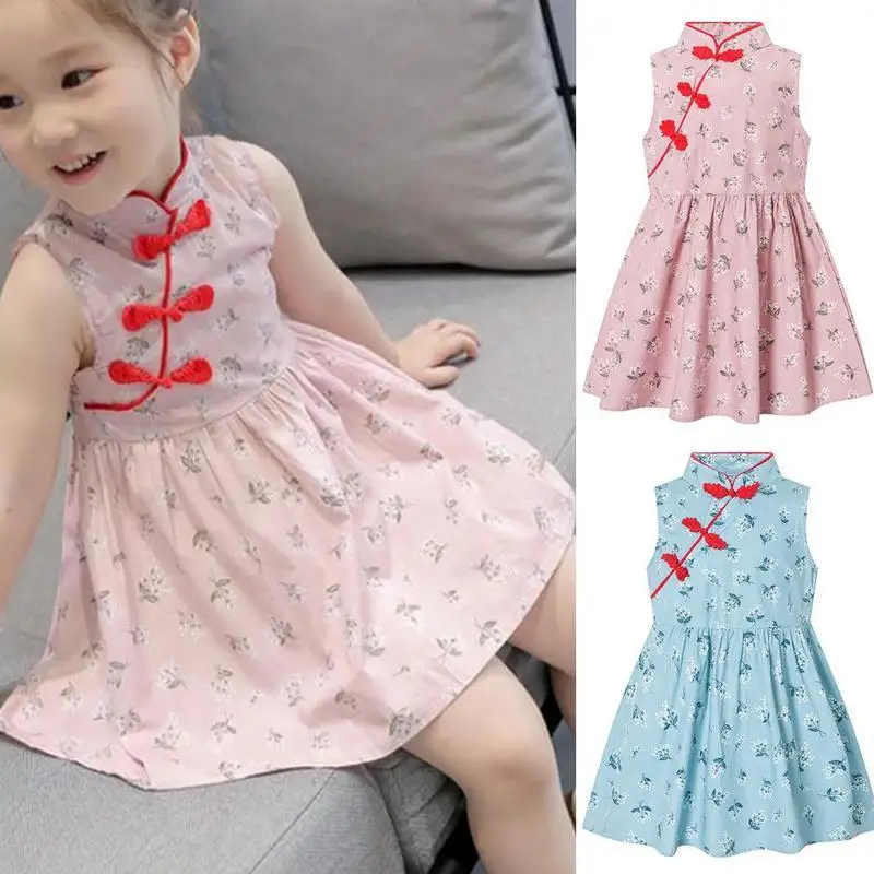 

Kids Girls Printed Sleeveless Cheongsam Summer Dress Style Chinese Dresses High Neck Floral Sundress