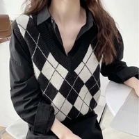 vintage y2k crop top argyle sweater vest v neck sleeveless tank jumper preppy style plaid knitted pullover autumn winter clothes