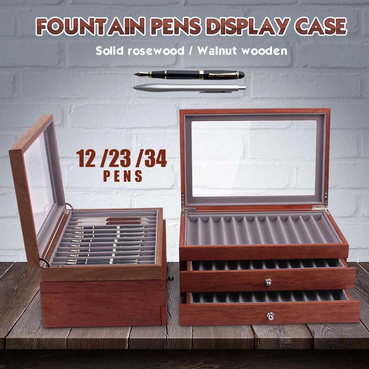 12/23/34 Slots Wooden Pen box Fountain Wood Display Case Holder Storage Collector Organizer Box Rosewood/Walnut | Канцтовары для