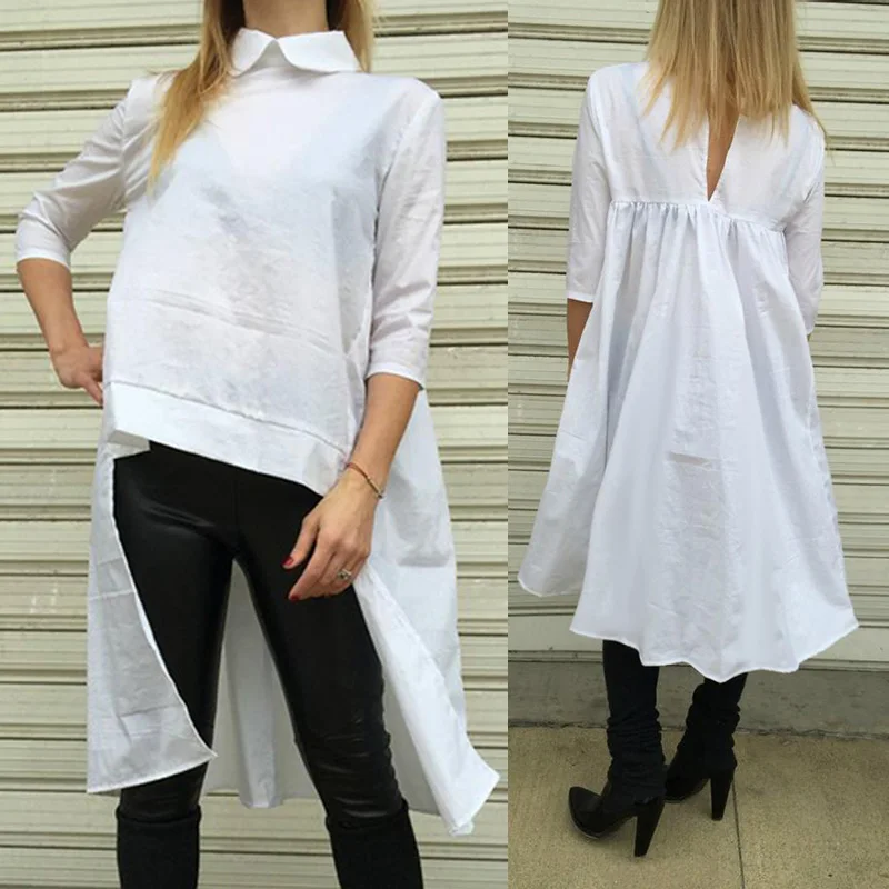 

Celmia Vintage Shirts Women Long Blouses Sexy Back Hollow Casual Solid Tunic Tops 2021 Fashion Laple Pleated Asymmetrical Blusas
