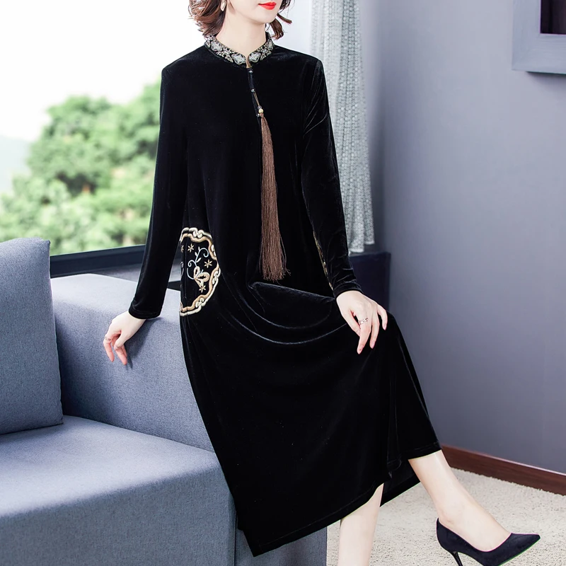 2022 Vintage Black Gold Velvet 4XL Plus Size Midi Dresses Fall Winter Casual Loose Dresses Women Elegant Bodycon Party Vestidos