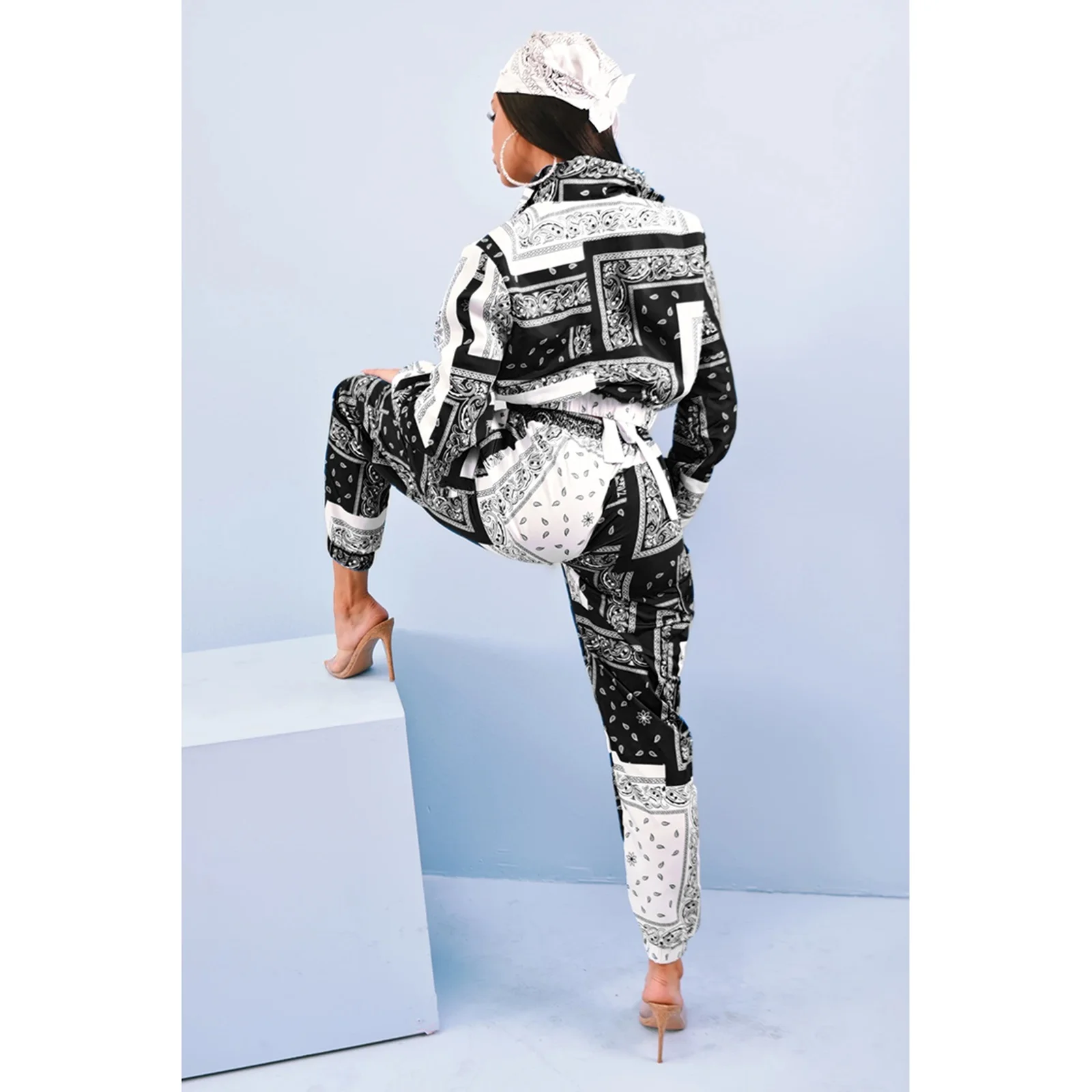 

Fashion Printed Two-piece Clothes Set Women Streetwear Zipper Long Sleeve Short Coats+Joggers Sweatpants Autumn Spring Outfits