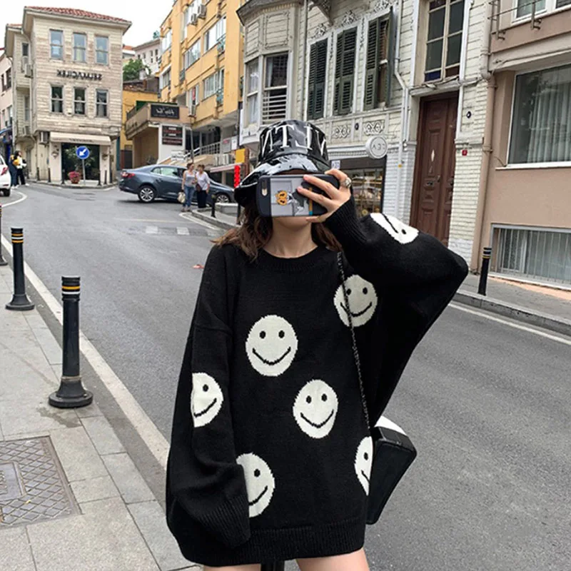 Autumn Winter Women Knitted O Neck Sweater Casual Solid Color Long Sleeve Fashion Loose Female Black Pullovers ZF11122 | Женская одежда