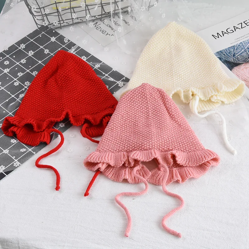 Spring New Newborn Baby Hat 3 Color Infants Handmade Wool Ear Knitting Monolayer Lotus Leaf Yarn Warmer Caps Kids Bonnet | Детская
