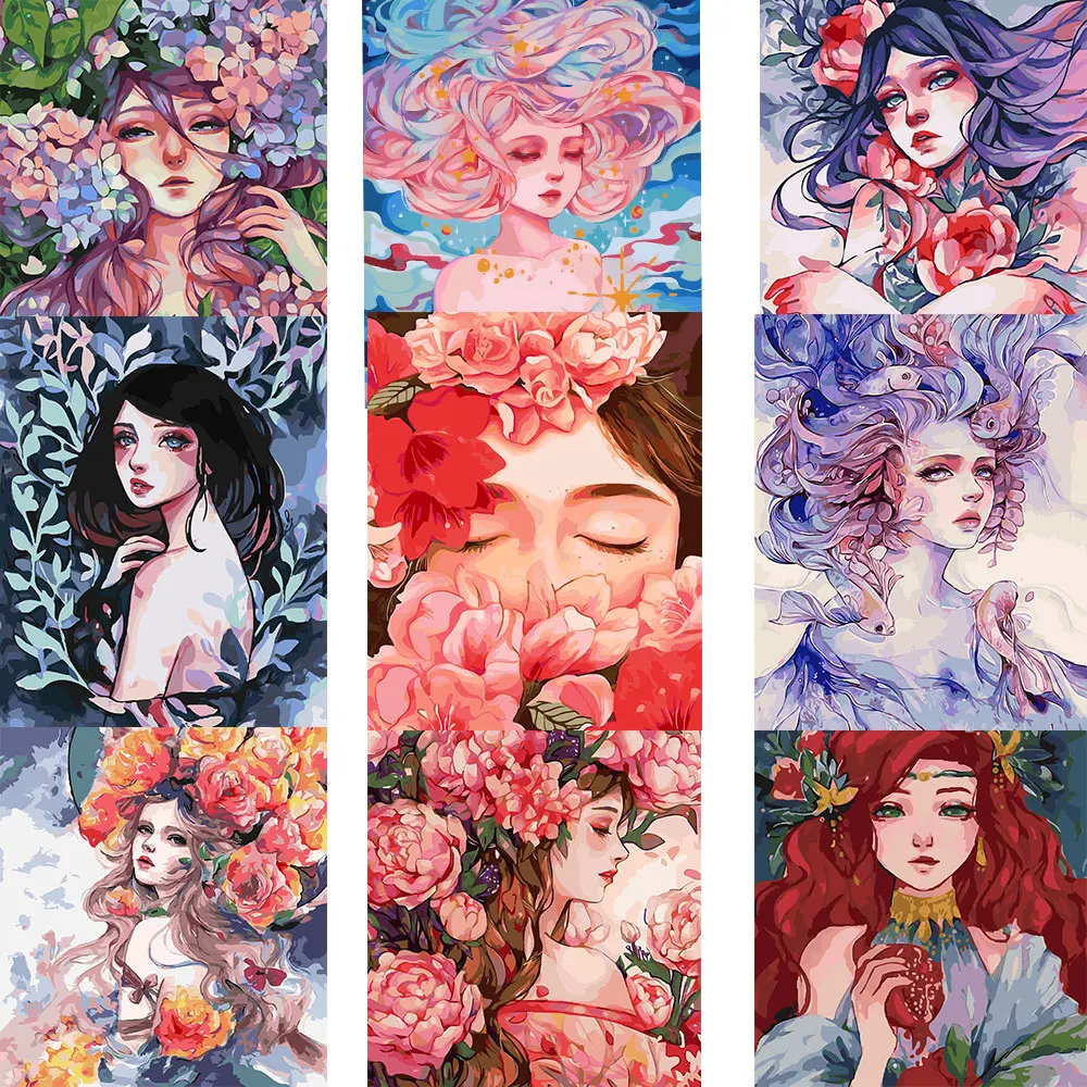 

Flowers Girl Oil Painting By Numbers On Canvas DIY Frame For Kid Adult Handpainted Acrylic Paint Kit Picture Wall Art Home Decor