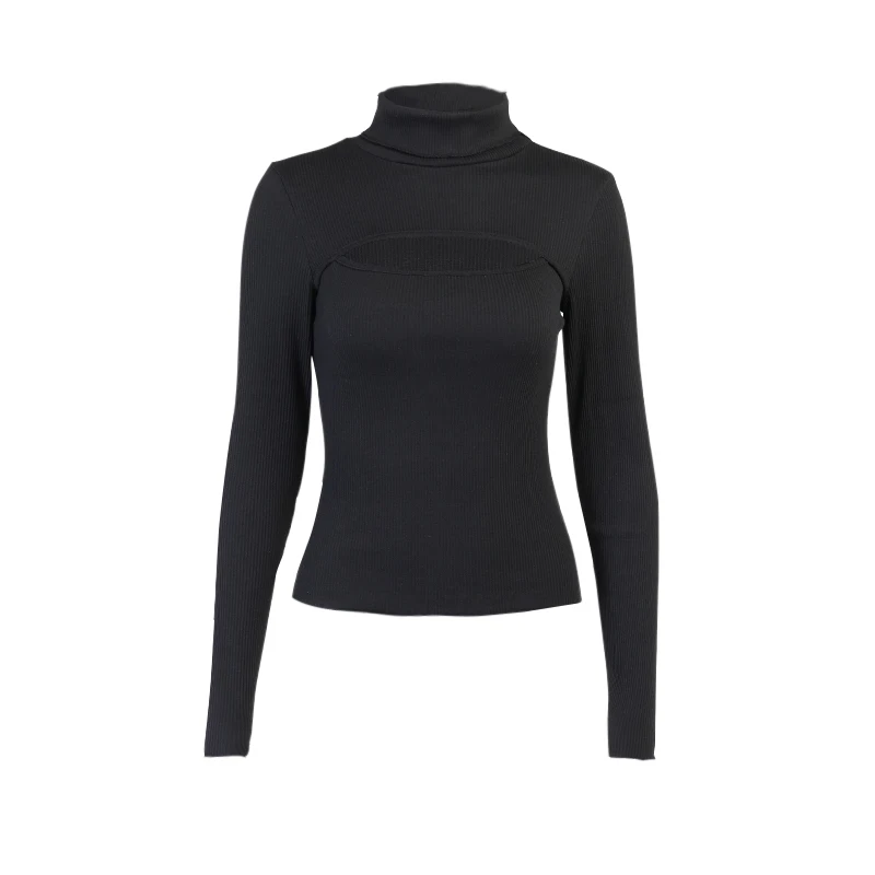 

Instunning Casual Women's T Shirt Turtleneck Hollow Out Long Sleeve Base Tops 2021 Autumn Solid Black Fashion Elegant Female Tee