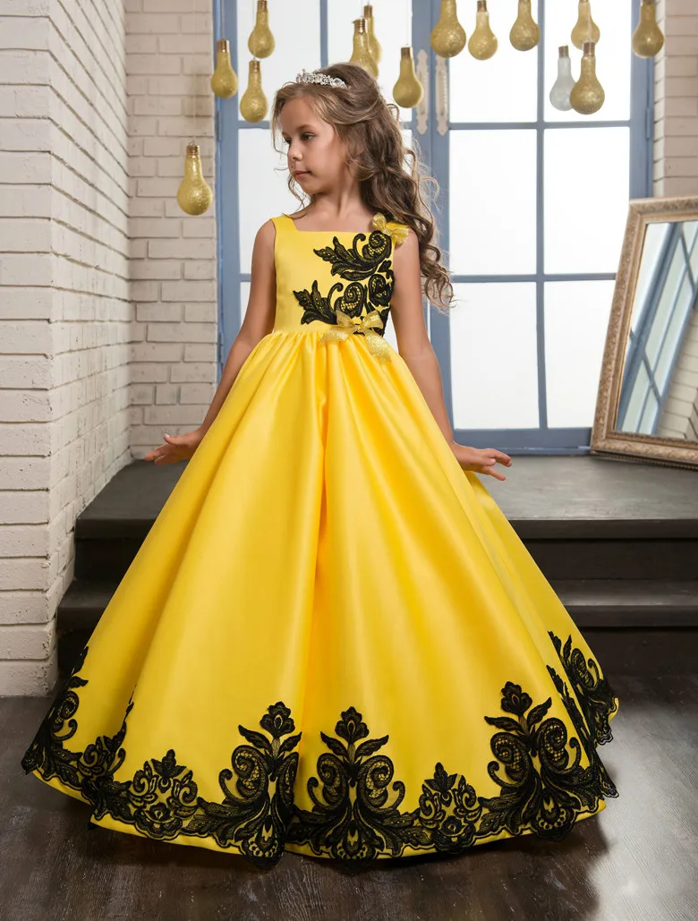 

Желтые цветочные платья для девочек, Свадебное бальное платье, длинные платья с кружевной аппликацией и бантом для первого причастия для ма...
