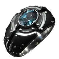retro fashion mens punk ring jewelry inlaid aquamarine zircon smoked black ring for cool boy gothic party jewelry gift