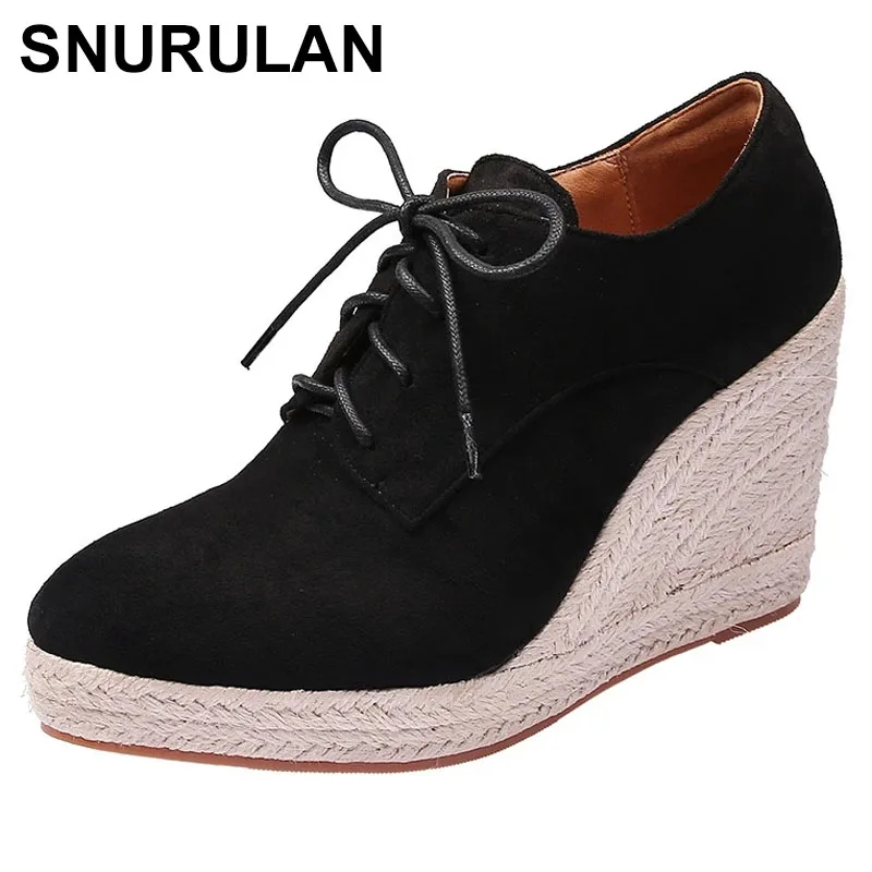 

SNURULAN Autumn and Winter New Women's Wedges Pumps Thick-soled Lace-up Shoes Espadrilles High-heeled Thick-heeled Straw Woven