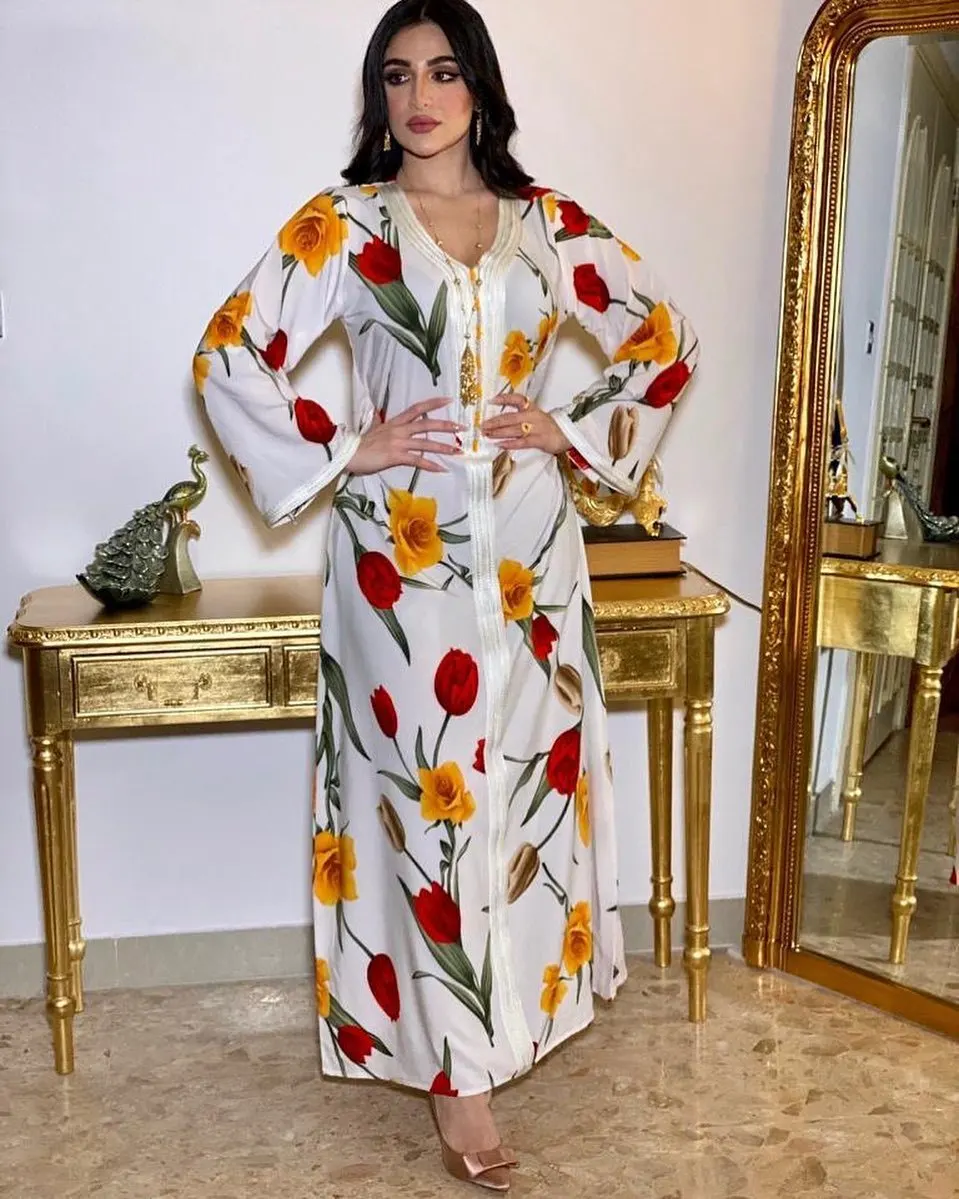 

Ethnic Maxi Long Dress for Women V Neck Ribbon Long Sleeve Abaya Dresses White Floral Print Dubai Muslim Arabic Clothes