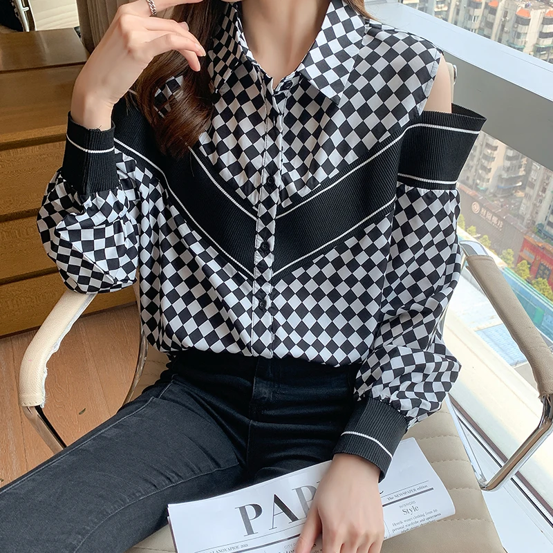 

Silk Women's Blouse Loose Polo Girl's Shirt Summer Fashion Plus Size Chiffon Print Casual Long Sleeve Top Lady Blusas Houthion