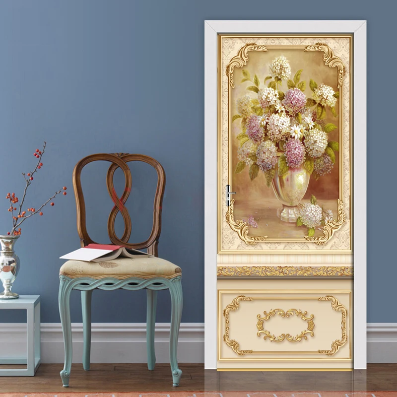 

3D красивые золотые цветы, дверные наклейки для гостиной, спальни, самодельные ПВХ Самоклеящиеся обои, водонепроницаемые настенные наклейки...