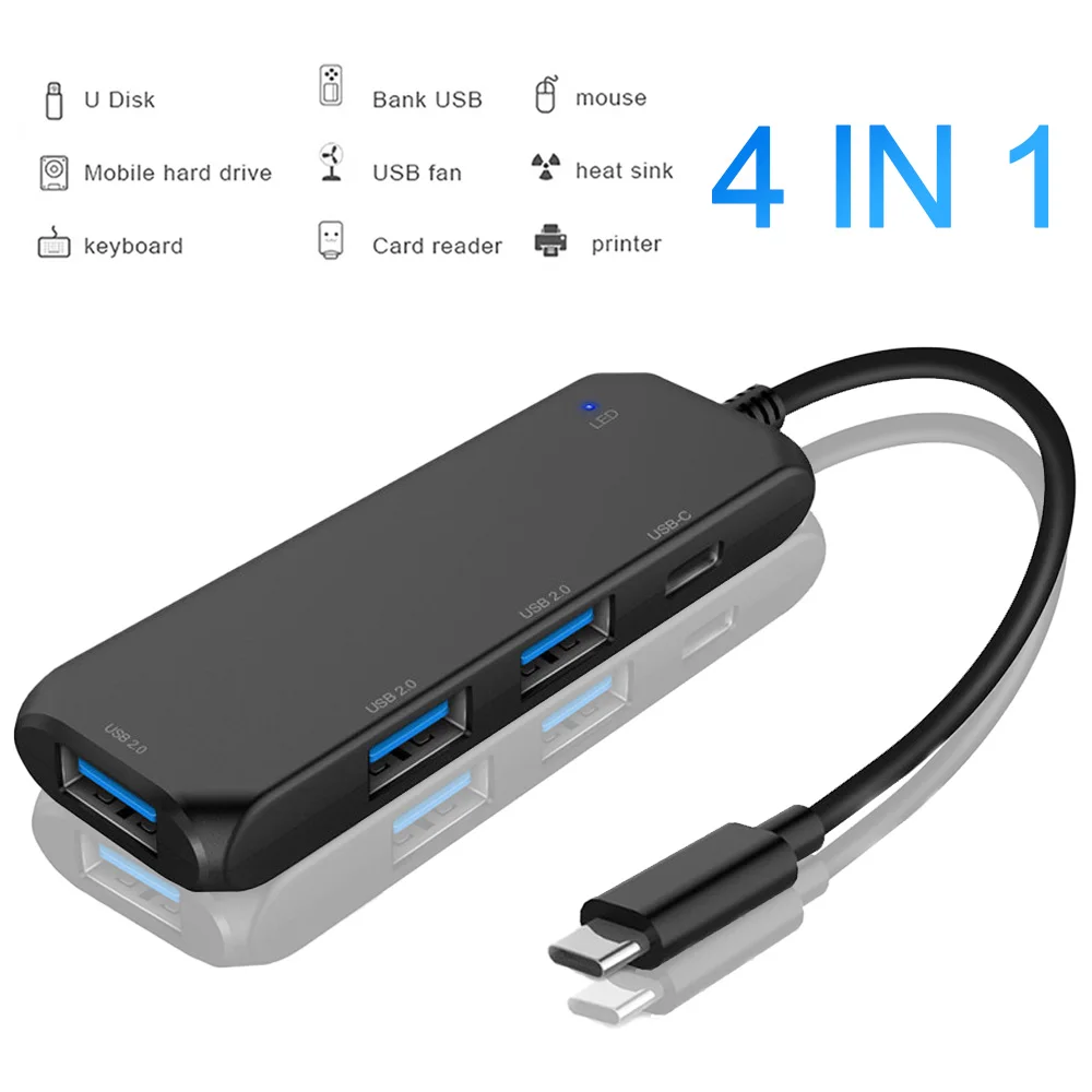 

4-в-1 Type C Hub с 3 портами USB, порт s 1 PD для зарядки, USB C адаптер, совместимый с Macbook Air с мышью и клавиатурой