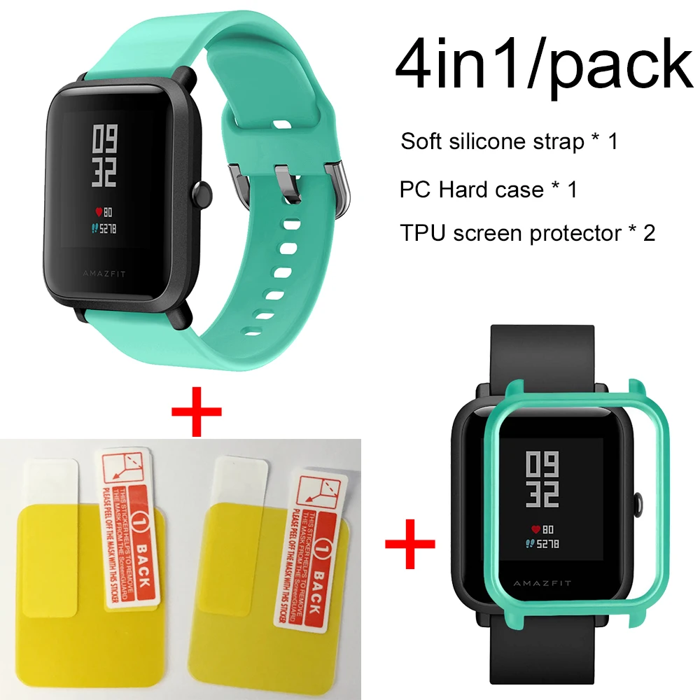 4в1 силиконовый ремешок спортивный браслет чехол для Xiaomi Huami Amazfit Bip BIT умные часы аксессуары - Цвет: Mint Green-green cas