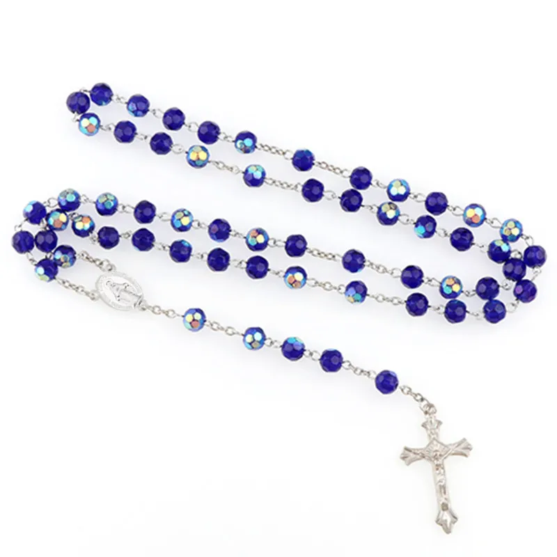 

Vintage Religion Cross Pendant Rosary Necklace Jesus Women Catholic Virgin Mary Glass Bead Link Chain Unisex Choker Jewelry
