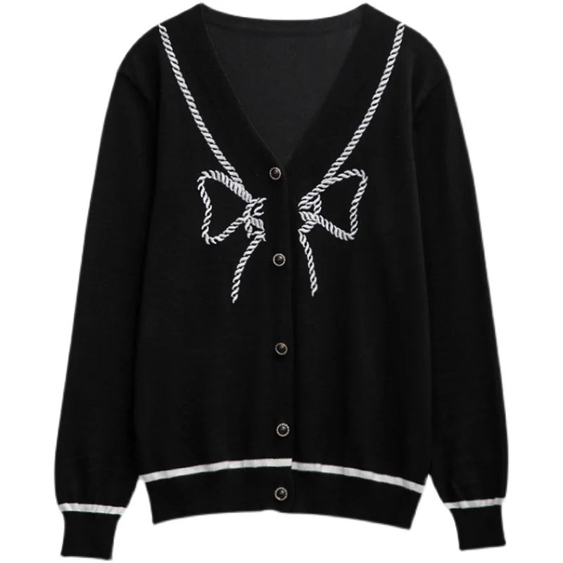 Женский однобортный Кардиган с бантом Свободный Вязаный Свитер оверсайз