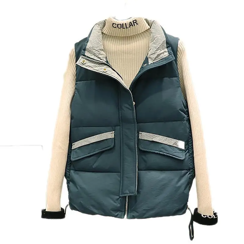 

New Cotton Padded Waistcoat Women Vest Jackets Winter Clothing Tank Top Teenage Girls Fake Pockets Outerwear Black Beige Blue