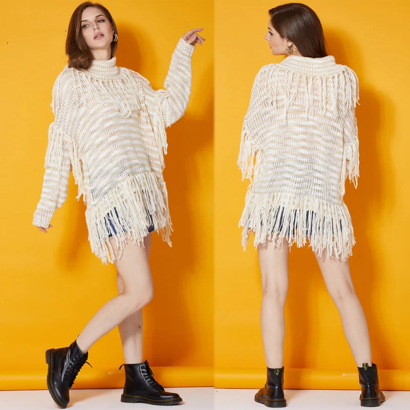 

Women Casual Loose Knitted Pullover Sweater Female Batwing Sleeve Turtleneck Tassels Stripes Long Sweater Jumper Autumn Winter