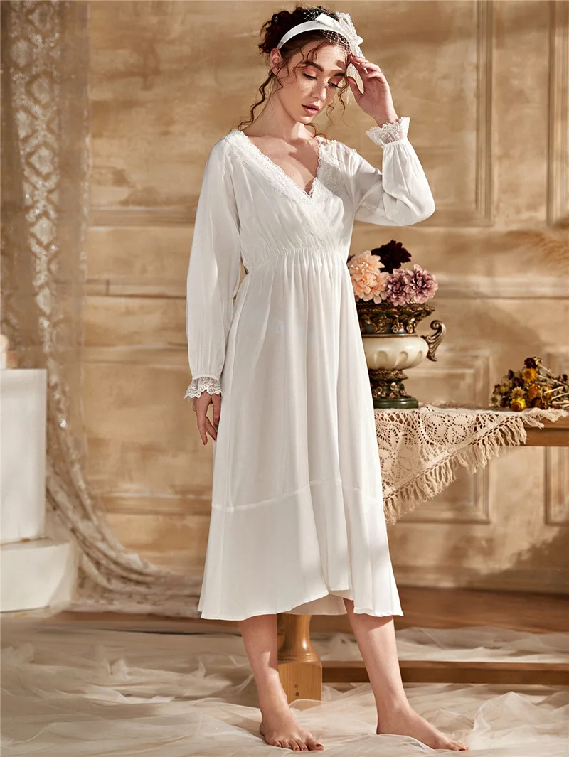 

2021 Spring and Autumn Thin Sleepwear Women Chest Cross Design V-neck Nightdress Solid Lace Cuff Waist-Tight Nightgown
