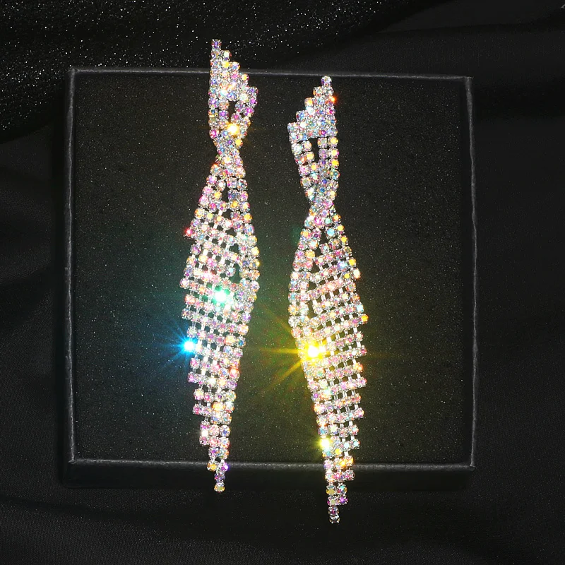 2020 Luxury Bling Colorful Crystal Rhinestone Long Tassel Earrings For Women Bridal Big Drop Dangle Wedding Jewelry | Украшения и