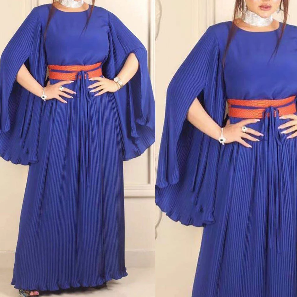 

blue prom dresses 2020 crew neckline pleats belt royal blue evening dresses a line evening gowns(without belt)
