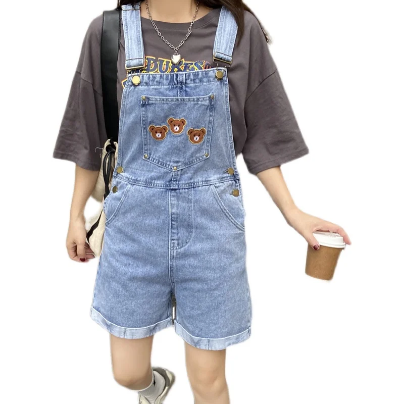 

New Summer Kawaii Women Playsuits High Waist Cute Bear Overalls Female Streetwear Casual Rompers Denim Bib Shorts Mujer
