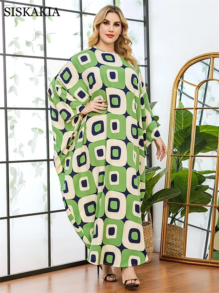 

Long Sleeve Dress Fresh Green Geometry Print Maxi Dresses For Women Summer 2021 Arabic Dubai Turkish Muslim Robes Ethnic Clothes