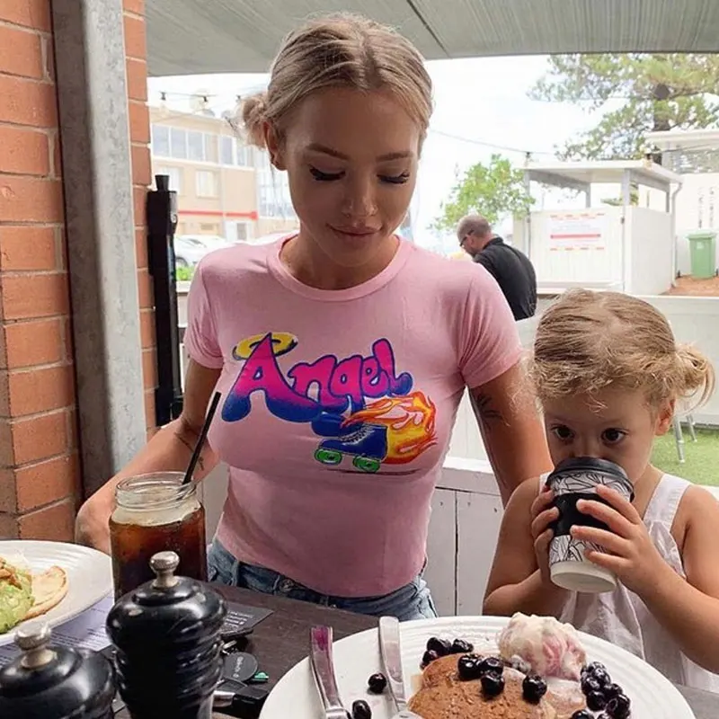 Angel с буквенным принтом розовая полосатая рубашка на одно плечо Женская Новинка