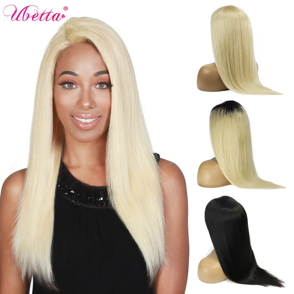 UBETTA 4x4 Замыкание Передних Волос из Человеческих Волос Парики 613 Блондинка Выщипанные Без Клея Remy Длинные Прямые Натуральные Черные Передние Парики.