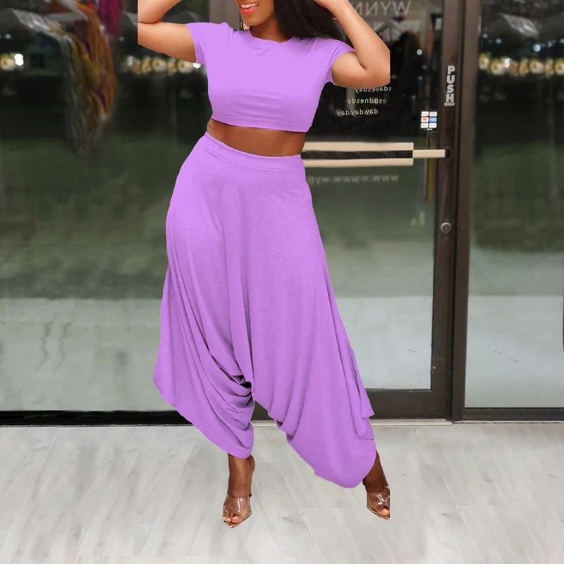 

Two Piece Set Women Fashion O-neck Short Sleeve T Shirt and High Waist Loose Harem Pants Suits Plus Size Female Casual 2 Piece