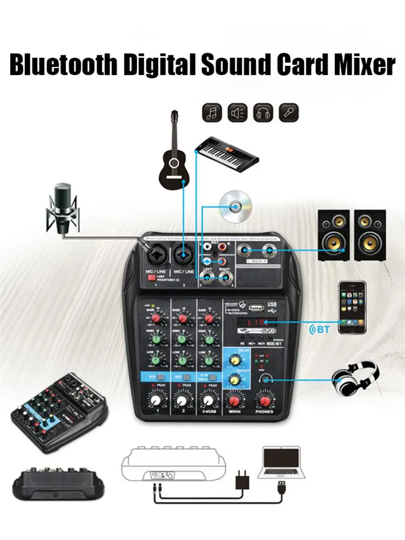 

Wireless 4 Channel Audio Mixer Portable Sound Mixing Console USB Interface MP3 Computer Input 48V Phantom Power Monitor for Home