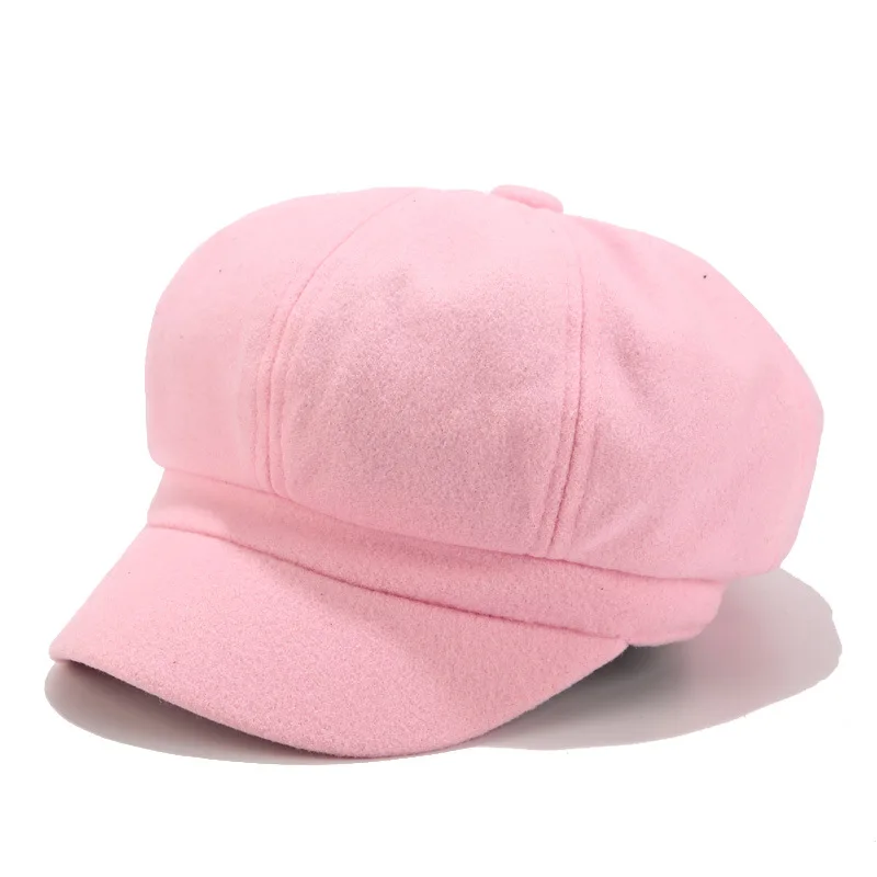 Pink Auutmn зимние шапки для женщин, однотонная шерстяная ткань, простая восьмиугольная кепка газетчика, мужская, женская, Повседневная шапка, берет живописца, шапка Z115 - Color: Pink