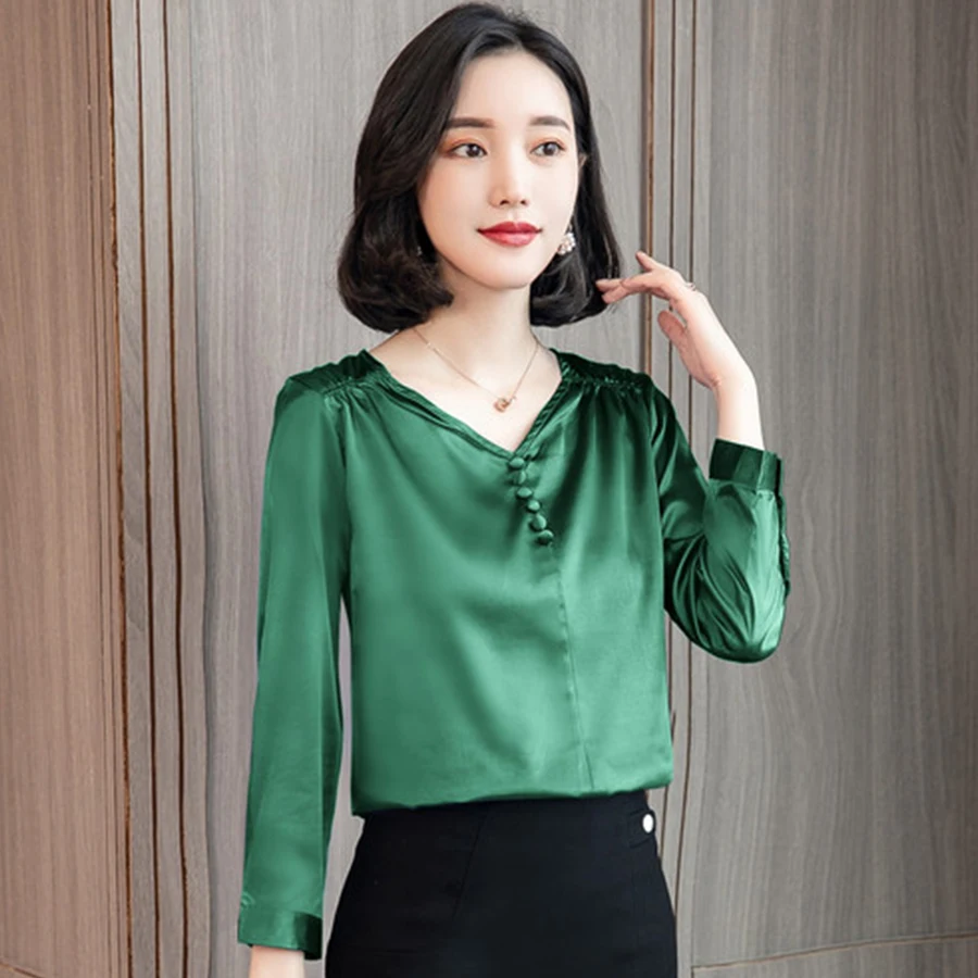 Блузка DICLOUD Женская простой сатин с длинным рукавом и треугольным вырезом