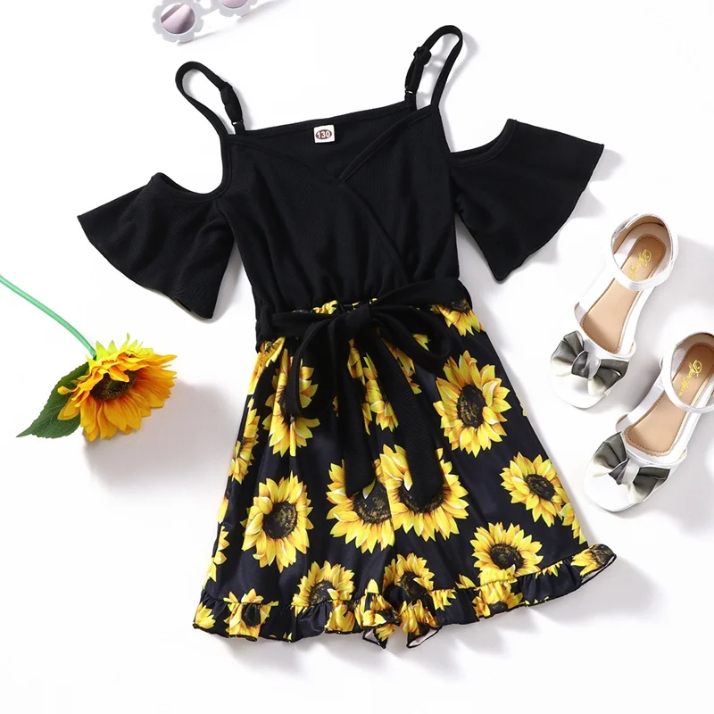 

New Summer Girls Pants Kids Clothes Sunflower Print Patchwork Strapless Girls Rompers Loose Comfortable Kids Jumpsuits 5-10Y