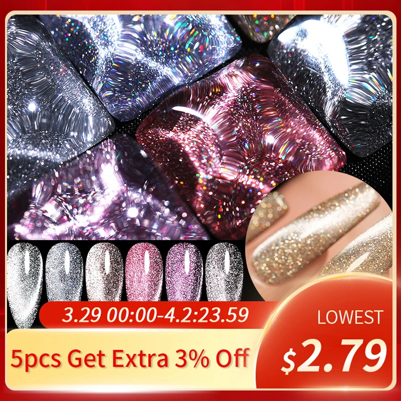 

BORN PRETTY 1 Bottle Holo Reflective Cat Magnetic Gel Holographics Effect Glitter Soak Off UV Gel Varnish 6 Colors for Choose