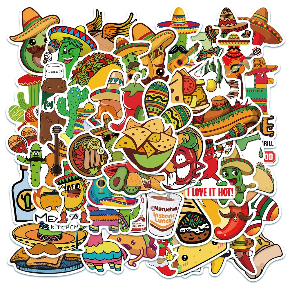 

50PCS Mexican Style Food Stickers Vinyl Cute Cartoon Guitar Pizza Chicken Roll Decal Sticker for DIY Laptop Moto Luggage Fridge