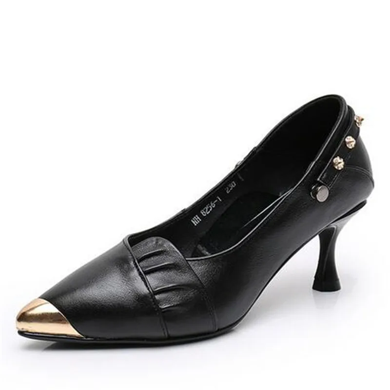 

ZXRYXGS Pointed Shallow Rivets Genuine Leather Shoes High Heels 2021 New Autumn Stiletto Professional Working Women Pumps Shoes