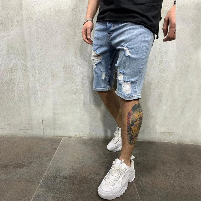 Summer Men White Skinny Ripped Denim Shorts Fashion Destroyed Frayed Short Jeans Men Casual Stretch Distressed Knee Length Jeans