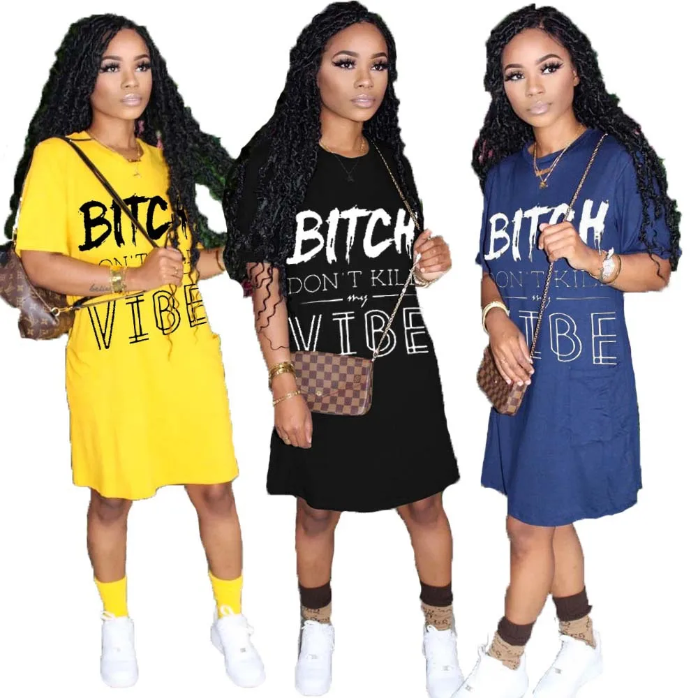 

AR5073 Europe and the United States 2021 sexy women's clothing solid color offset printing loose pocket dress