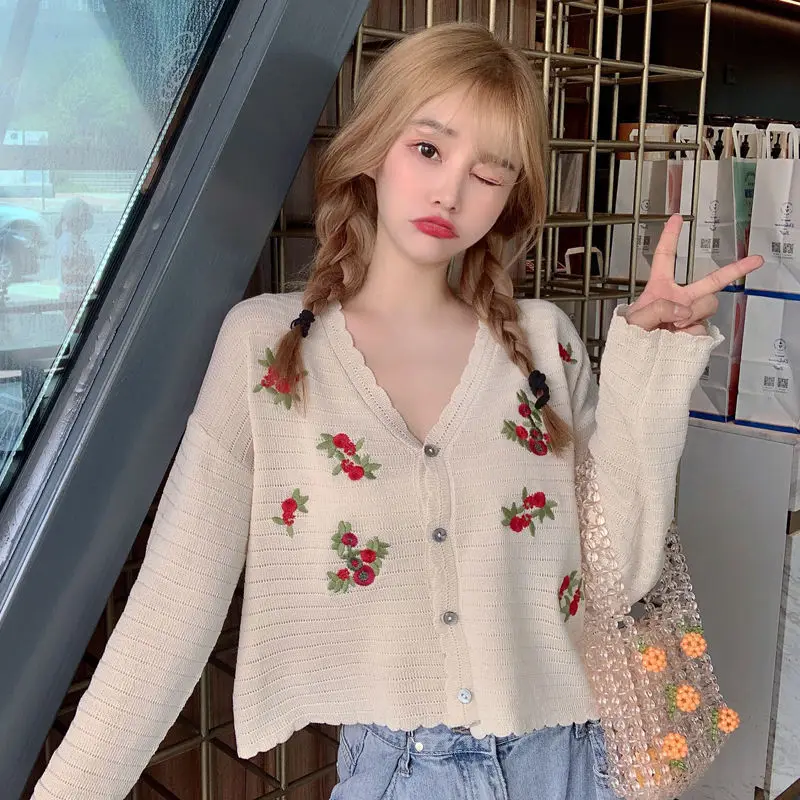 

Spring Autumn Cardigan Women Floral Embroidery Single Breasted Fashion High Quality Office Lady Female Knitted Sweater M14