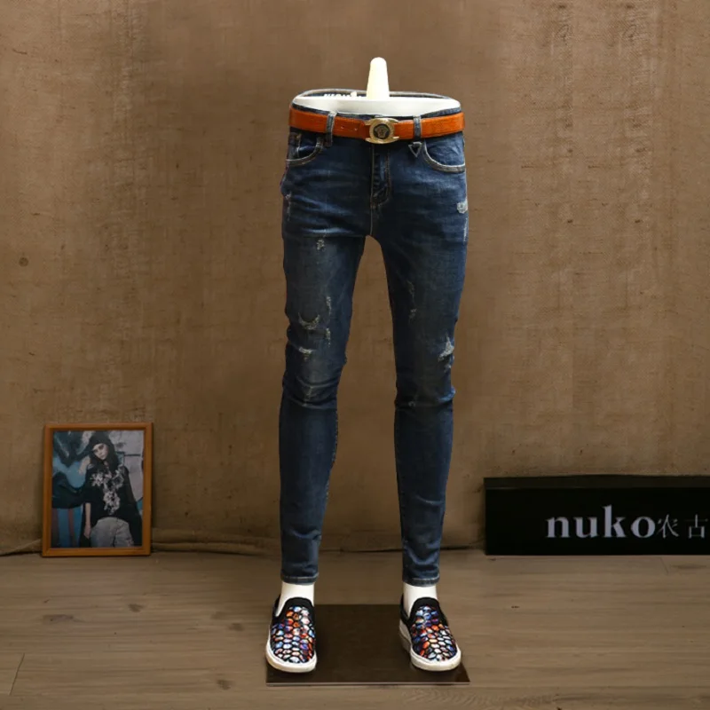 Fashion Men Skinny Ripped Jeans Cotton Stretch Denim Streetwear Blue Pants PSMJ71