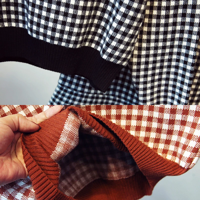 2019 осенние женские вязаный кардиган в клетку комплект со свитером короткий