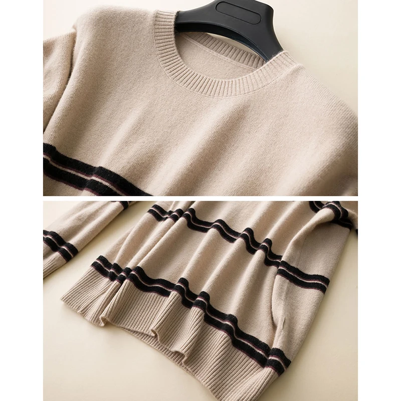 Женский свитер высокого качества 100% кашемировый вязаный теплый полосатый с