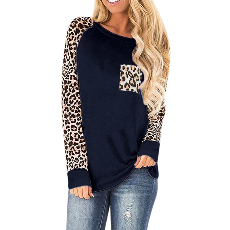

Harajuku Women Patchwork Leopard Print T-Shirt Round Neck Tops Loose Long Sleeve Pullover Tees Vintage Streetwear
