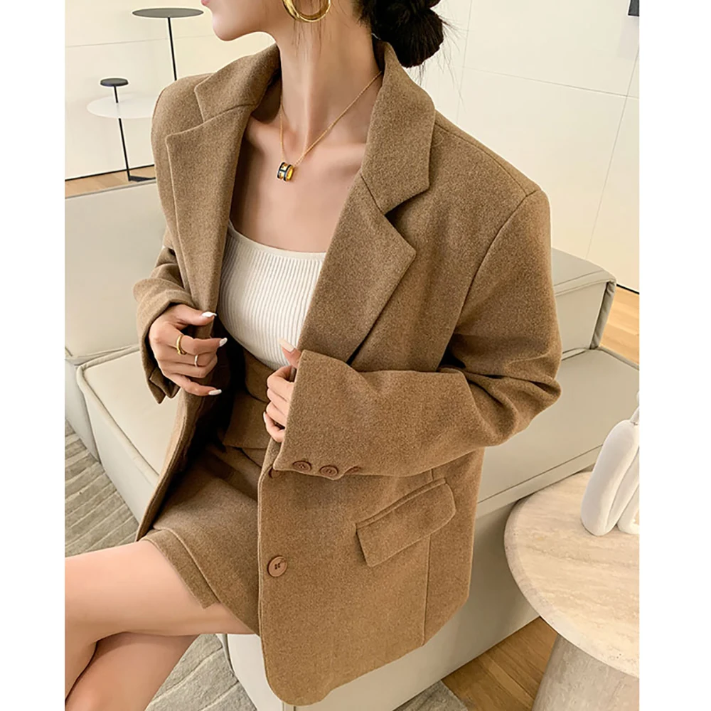 

Женский офисный комплект из двух предметов, шерстяная мини-юбка на пуговицах с длинным рукавом и воротником