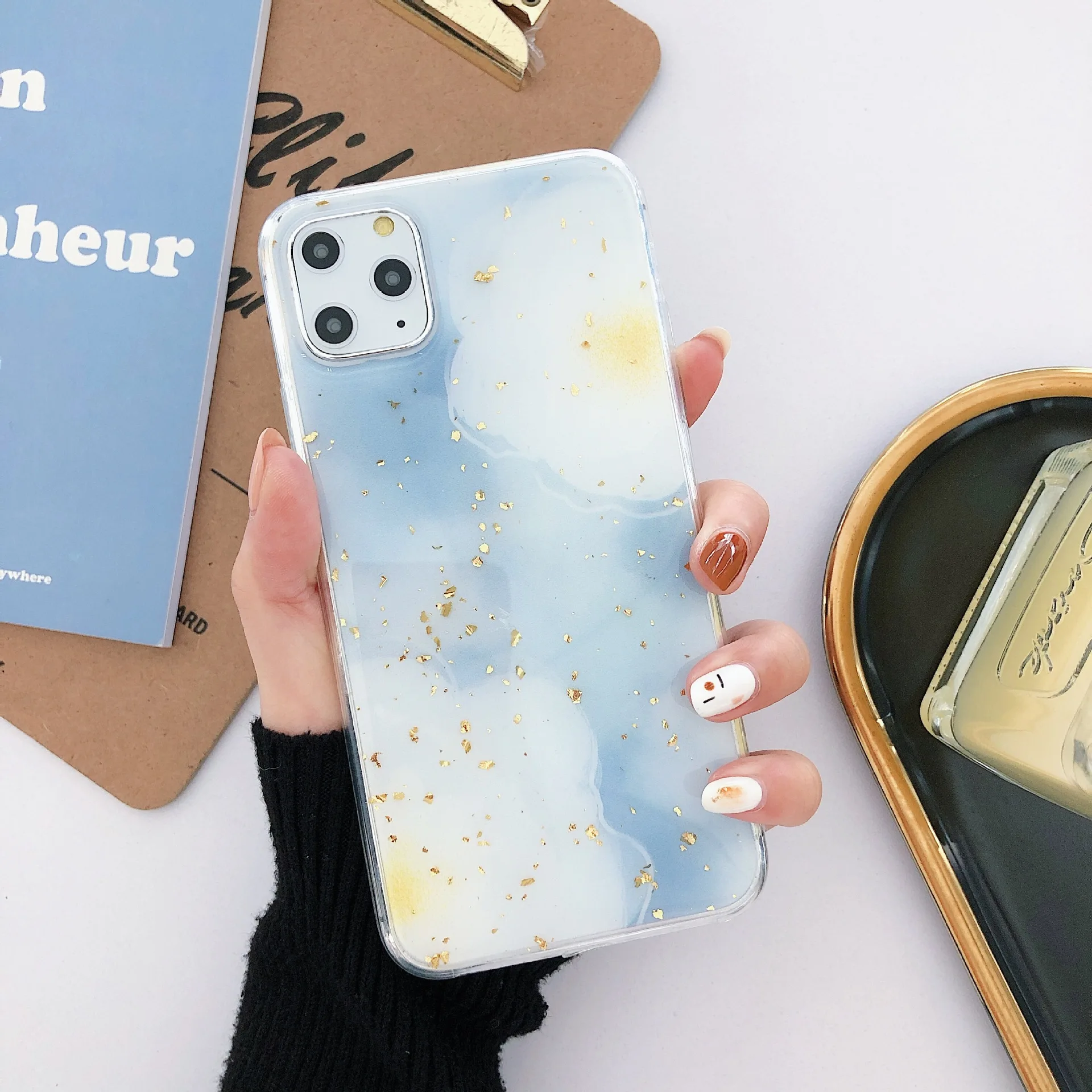 Синий цветок Золотая фольга чехол для телефона iPhone 11 Pro Max X XS 7 8 6 6s Plus XR Мягкая