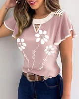 2020 women fashion elegant casual floral hollow out blouse striped colorblock sheer mesh flutter sleeve cutout front casual top