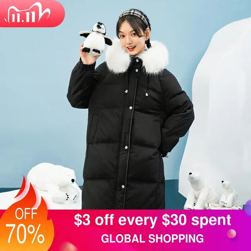 INMAN Winter Large Collar White Duck Down 90% Down Knee Length Mid Long Resistant Down Women's Down Jacket