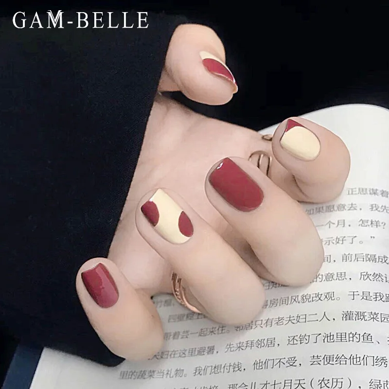

GAM-BELLE 24 шт красный геометрический узор накладные ногти короткий квадратный полное покрытие Искусственный клей для ногтей искусственное ху...