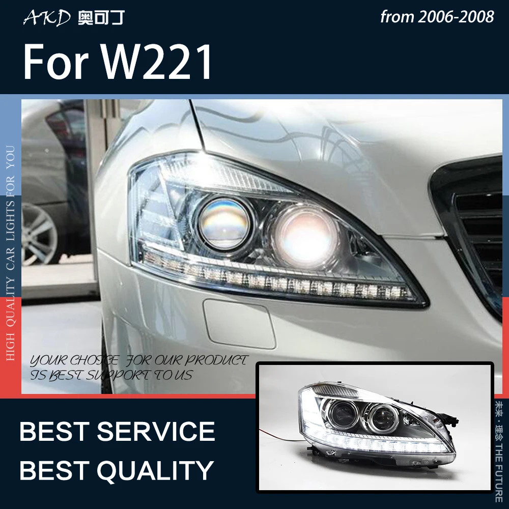 

Налобный фонарь AKD для W221, светодиодные фары 2006-2008, фары W221 DRL, сигнал поворота, фара дальнего света, линза проектора Angel Eye